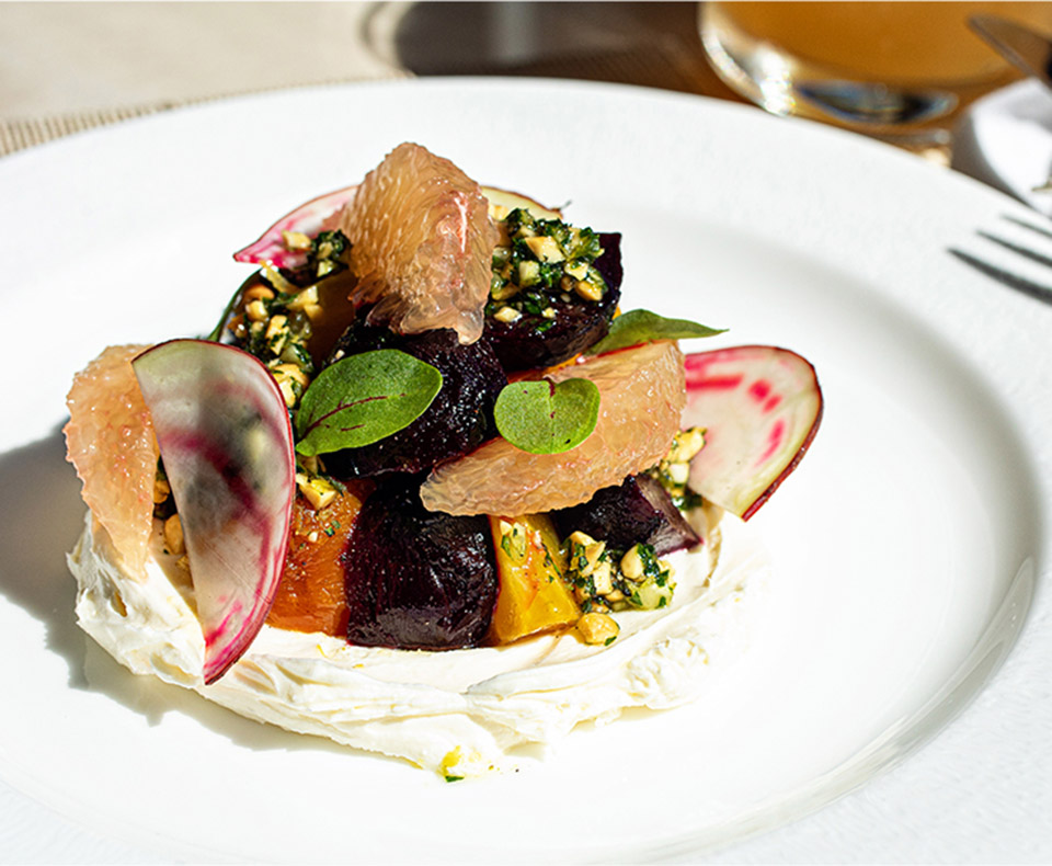 Grapefruit, corn, fresh herbs, and fresh cheese