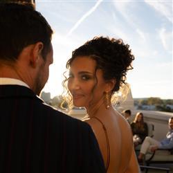 A woman looking over her shoulder