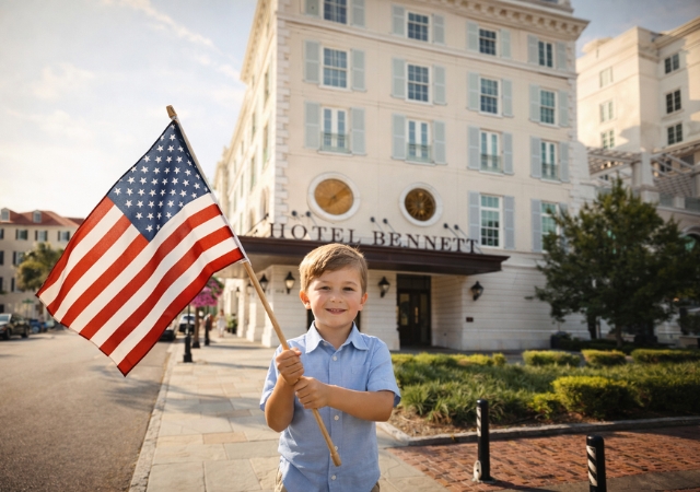 An image of a little boy holding an American flag in front of Hotel Bennett