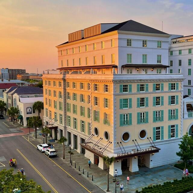 exterior of hotel at dusk