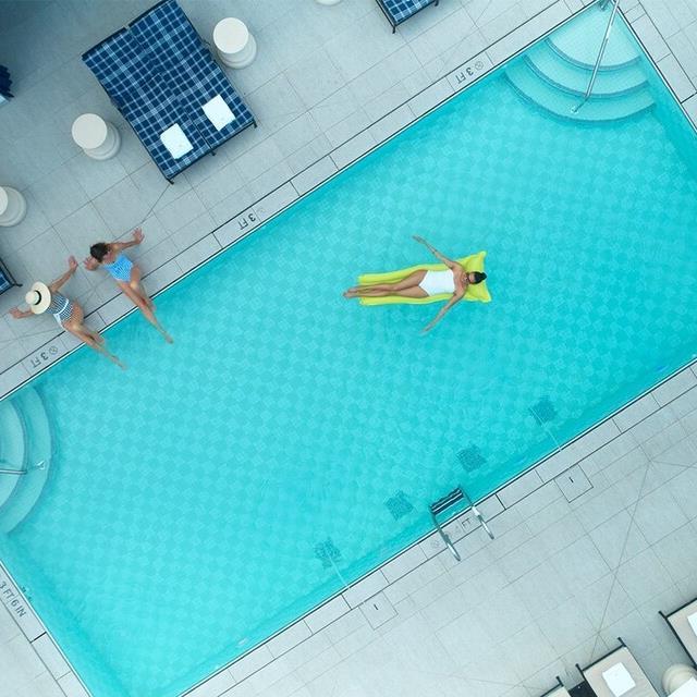 aerial view of women by the pool